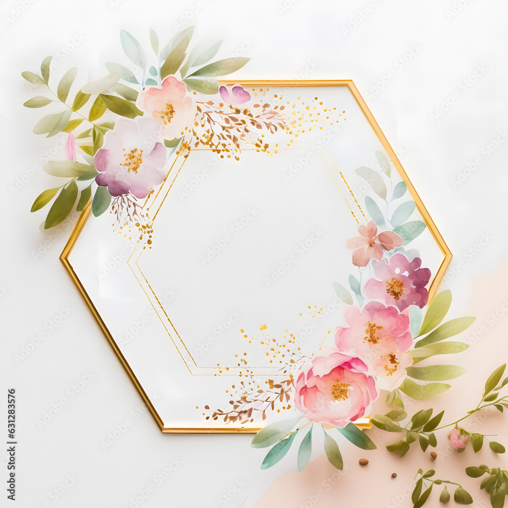 Pink gold flowers frame background with watercolor. Beautiful Floral