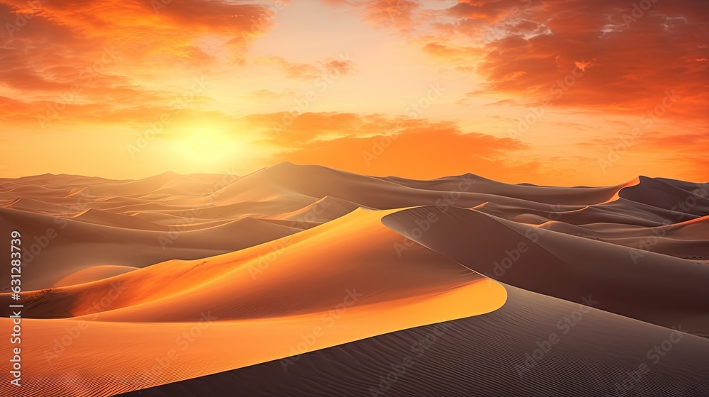 a sunset in the desert with a large amount of sand dunes.  generative ai