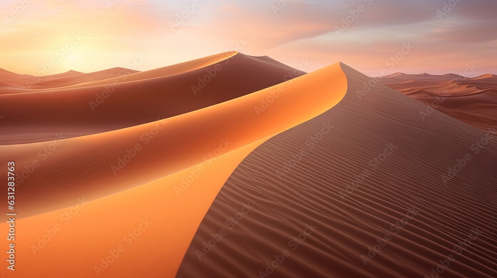  a desert with sand dunes and a sunset in the background.  generative ai