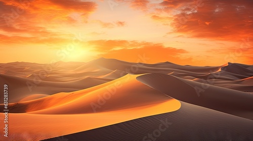  a sunset in the desert with a large amount of sand dunes.  generative ai
