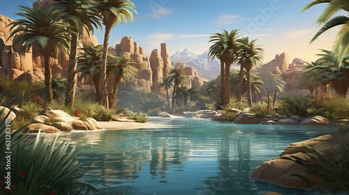 a painting of a river surrounded by palm trees and mountains. generative ai