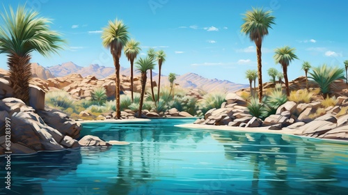  a painting of a river surrounded by rocks and palm trees. generative ai