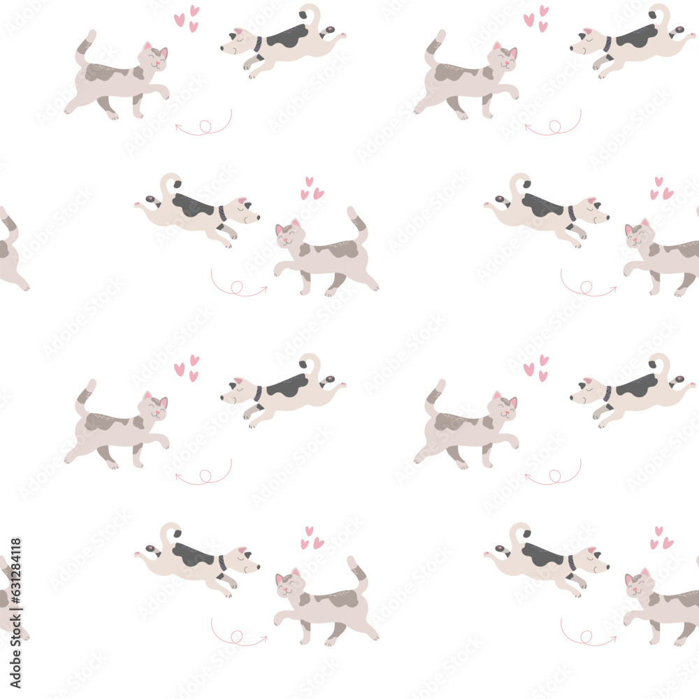  Seamless pattern Funny puppy, kitten domestic animals cartoon characters collection. Pets companions couples friendship, flat vector illustration