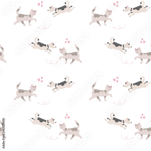  Seamless pattern Funny puppy, kitten domestic animals cartoon characters collection. Pets companions couples friendship, flat vector illustration