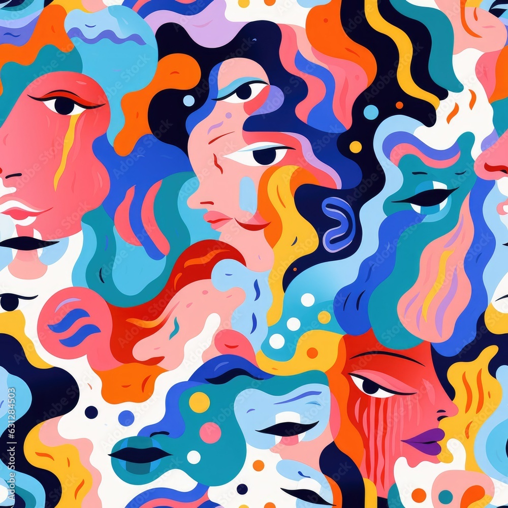 Intricate Interplay: Grainy Risograph seamless pattern of Faces and Shapes