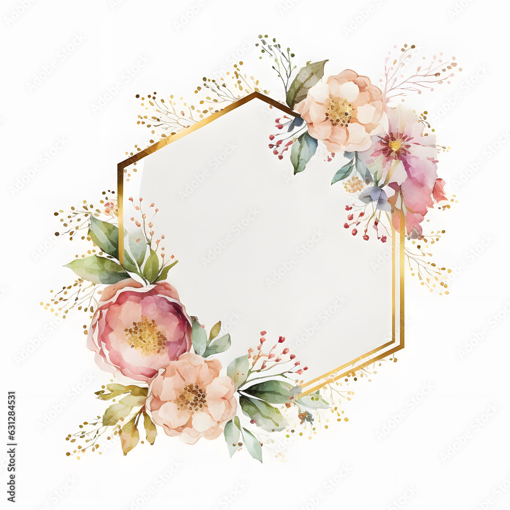 Pink gold flowers frame background with watercolor. Beautiful Floral