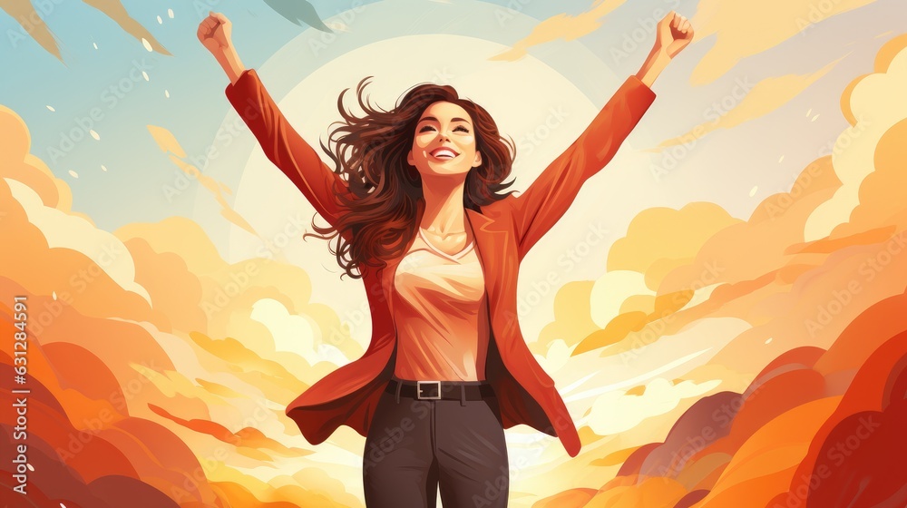 Power success and positive emotions concept Smiling girl in the sun Power success and positive emotions concept Smiling girl in the sun