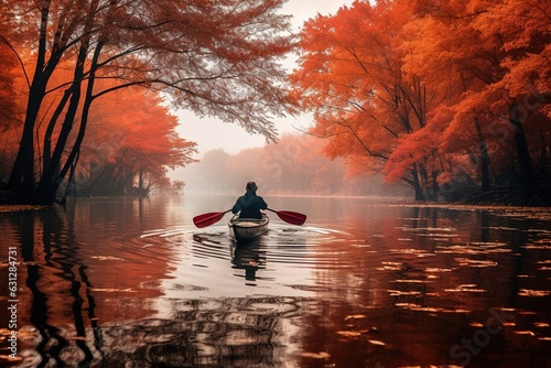 a kayaker paddling in a tranquil lake, the water reflecting the fiery colors of the surrounding autumn trees
