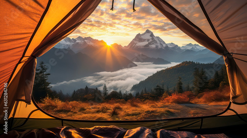 View from inside tent to beautiful mountains, AI Generated