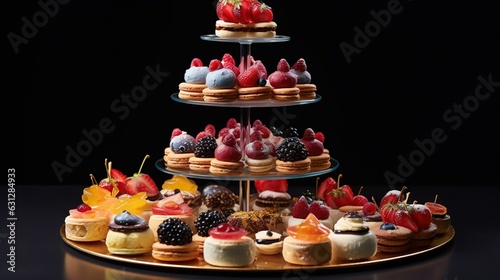  a three tiered tray of pastries and desserts. generative ai