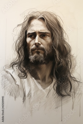 Portrait Of Jesus, Rough Sketch, Force Drawing. Generative AI