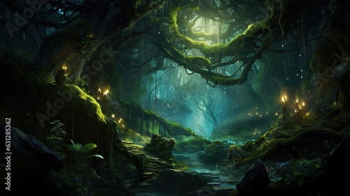  a dark forest with a stream of water surrounded by trees. generative ai