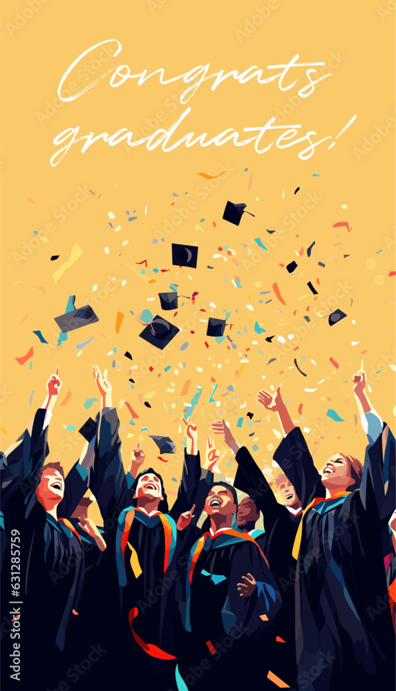 Vector illustration of graduating students, posterized style, flat colors. Graduation