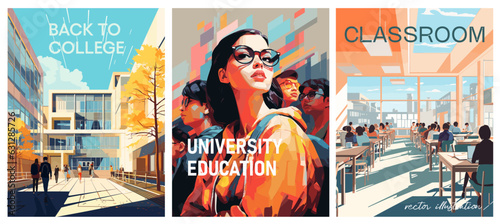 University Education. College building, classroom with students, Students portrait. Vector illustration, vertical posters.