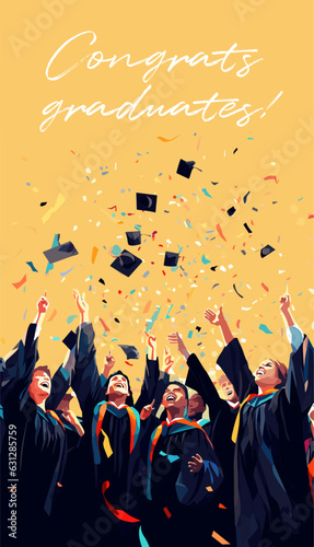 Vector illustration of graduating students, posterized style, flat colors. Graduation