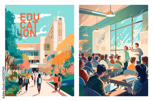 Education. College building, classroom with students listening to lecturer. Vector illustration, vertical posters.