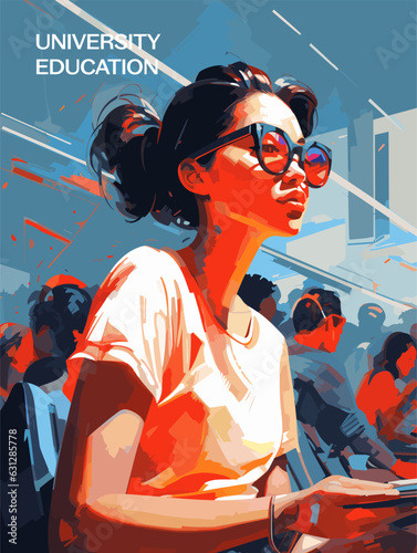 Vector illustration of stylish girl student in college classrom, posterized style, flat colors. University education