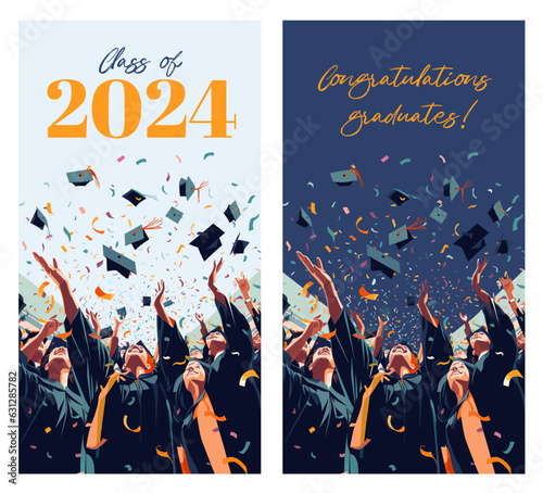 Vector illustration of graduating students, posterized style, flat colors. Graduation