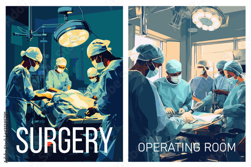 Surgery. Medical team in the operating room. Vector illustration, posterized style vertical posters.