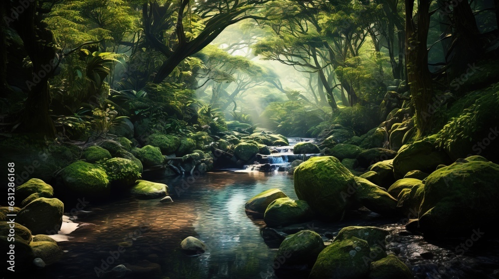 a stream running through a lush green forest filled with rocks. generative ai a stream running through a lush green forest filled with rocks. generative ai