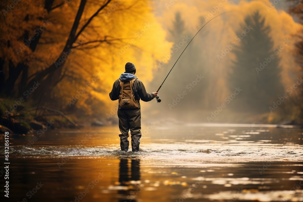 an angler in waders standing in a river, fly fishing amid a serene landscape painted with autumn colors - obrazy, fototapety, plakaty 