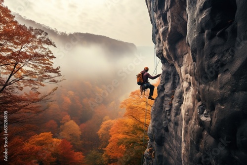 Dynamic portrait of A climber scaling a cliff against the backdrop of a forest cloaked in autumn hues, showcasing the beauty and challenge of the sport