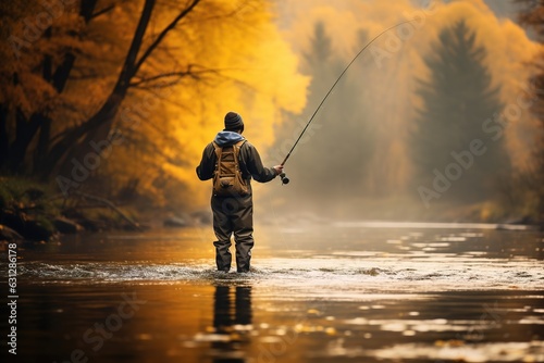 an angler in waders standing in a river, fly fishing amid a serene landscape painted with autumn colors © EOL STUDIOS