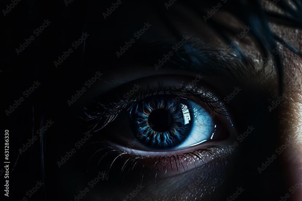 Close-up of anxious eyes in the darkness, reflecting the fear and uncertainty associated with anxiety and mental health issues