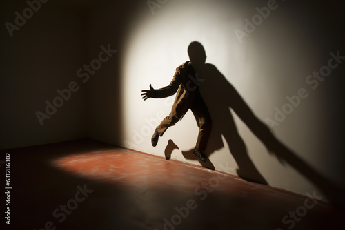 Striking image of a man trying to escape from his own shadow, portraying the internal struggle with anxiety and self-doubt photo