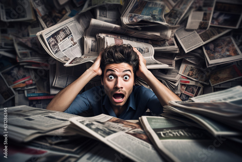 Individual surrounded by anxiety-inducing news headlines, demonstrating the impact of media consumption on anxiety levels and mental well-being
