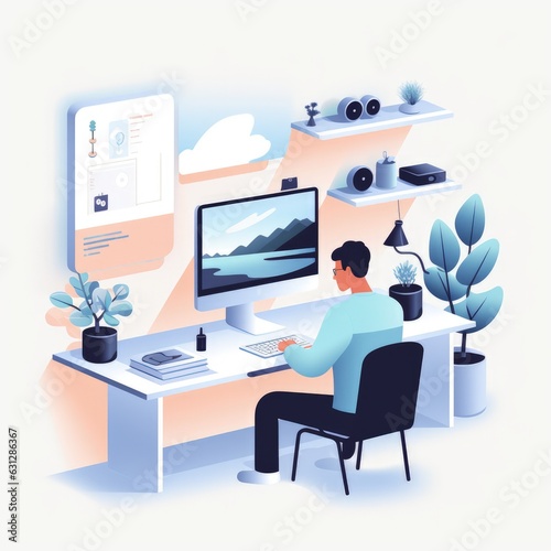 Simple Minimal Tech Illustration, Man Editing Video In a Desk. Generative AI