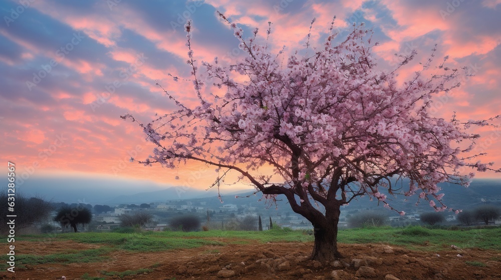  a tree in a field with a pink sky in the background.  generative ai