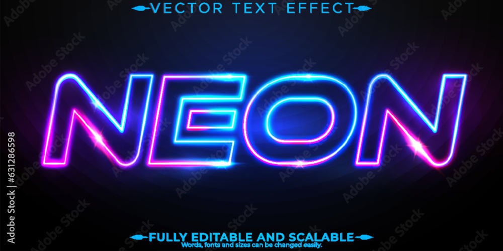 Neon light text effect, editable retro and glowing text style