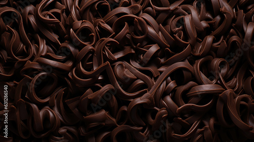 Dark chocolate curls background. Flat lay composition. Generative AI