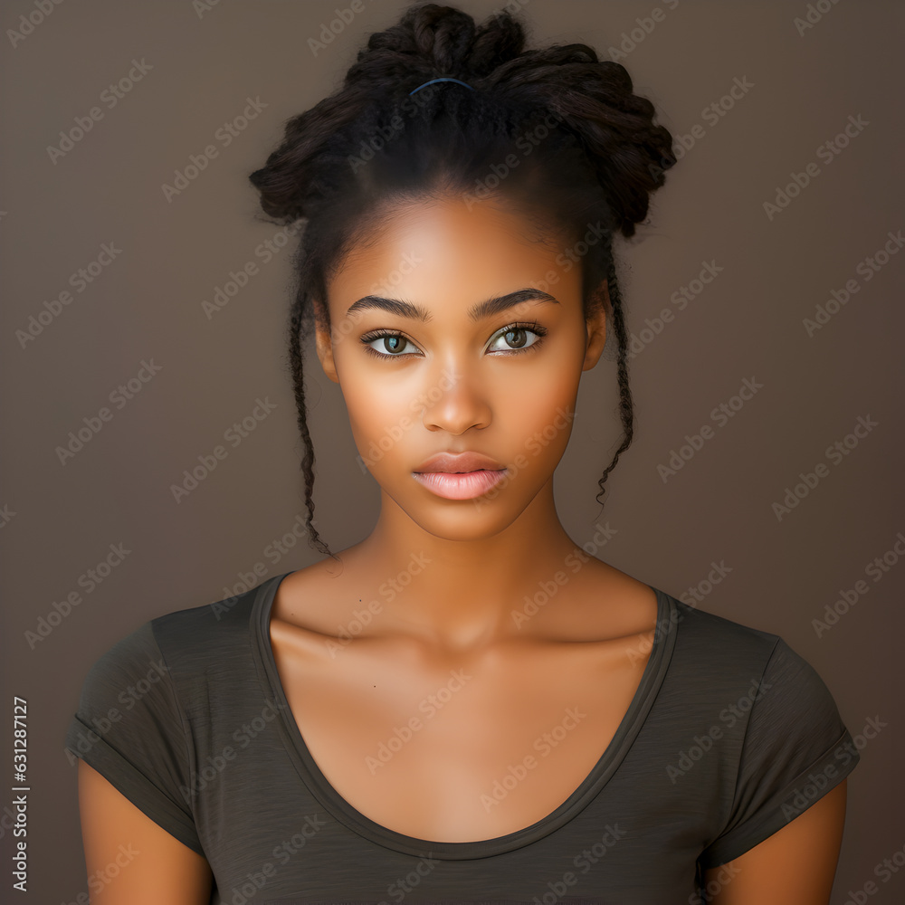 Portrait of attractive young curly woman wearing casual tee shirt on gray background. Ai image. Portrait of attractive young curly woman wearing casual tee shirt on gray background. Ai image.