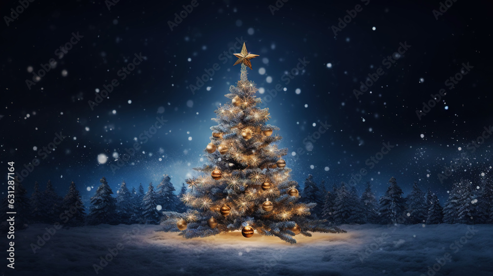 Beautiful decorated christmas tree with present boxes. Festive New Year background. Generative AI