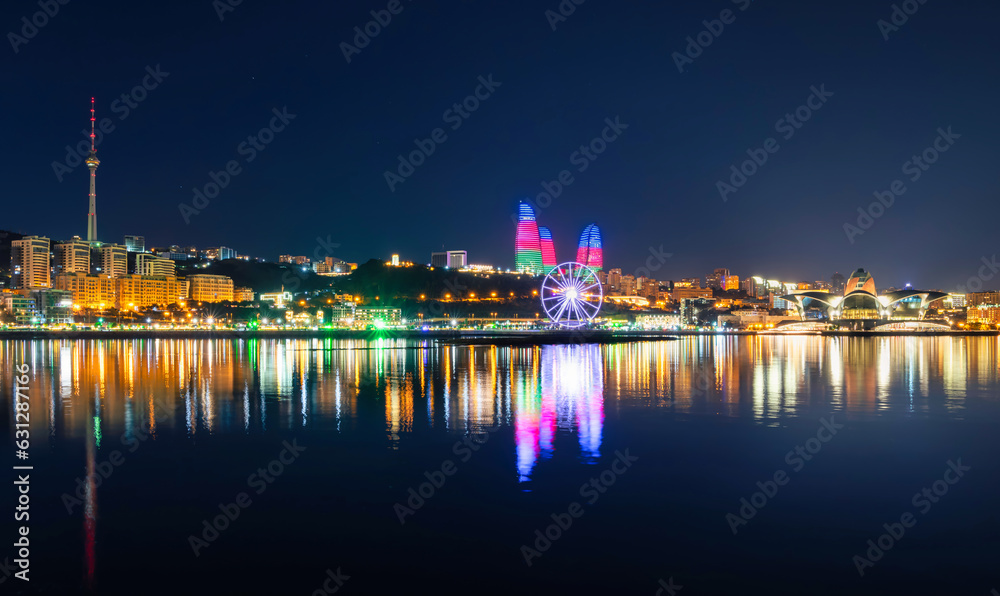 Flame Towers are one of the sights of the capital of Azerbaijan - Baku. June, 2023, Baku, Azerbaijan. Flame Towers are one of the sights of the capital of Azerbaijan - Baku. June, 2023, Baku, Azerbaijan.