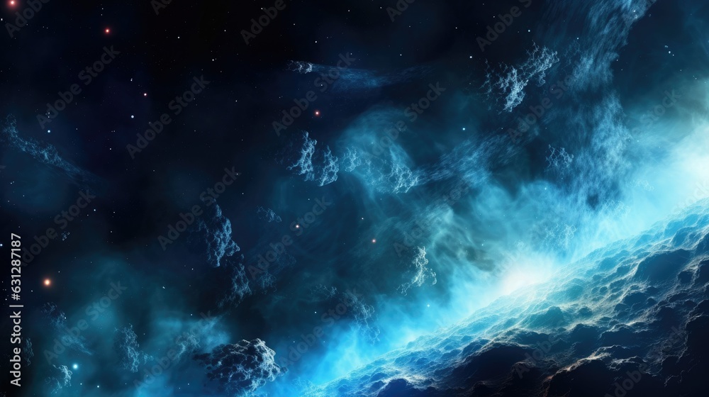 Background Cosmic Waves: Waves of vibrant blues and stardust that create a background reminiscent of the cosmos