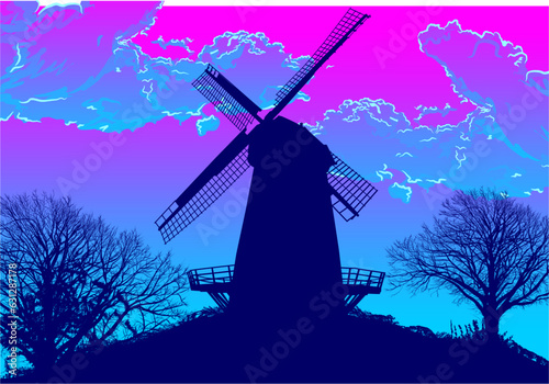 molino, vector, paisaje, agricultura, molinos de viento, silueta, paisaje rural