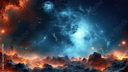 Background Cosmic Waves: Waves of vibrant blues and stardust that create a background reminiscent of the cosmos