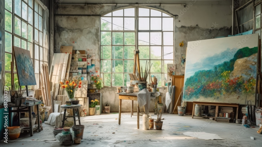 Interior photography of an artists studio with The workplace of a professional painter, creative mess