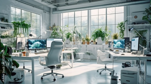 Bright white lab interior cinematic photography of an gaming production studio with The workplace of a professional game programmer using Unreal Engine photo