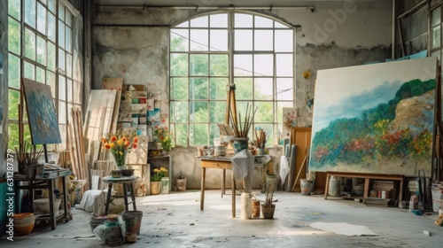 Interior photography of an artists studio with The workplace of a professional painter  creative mess