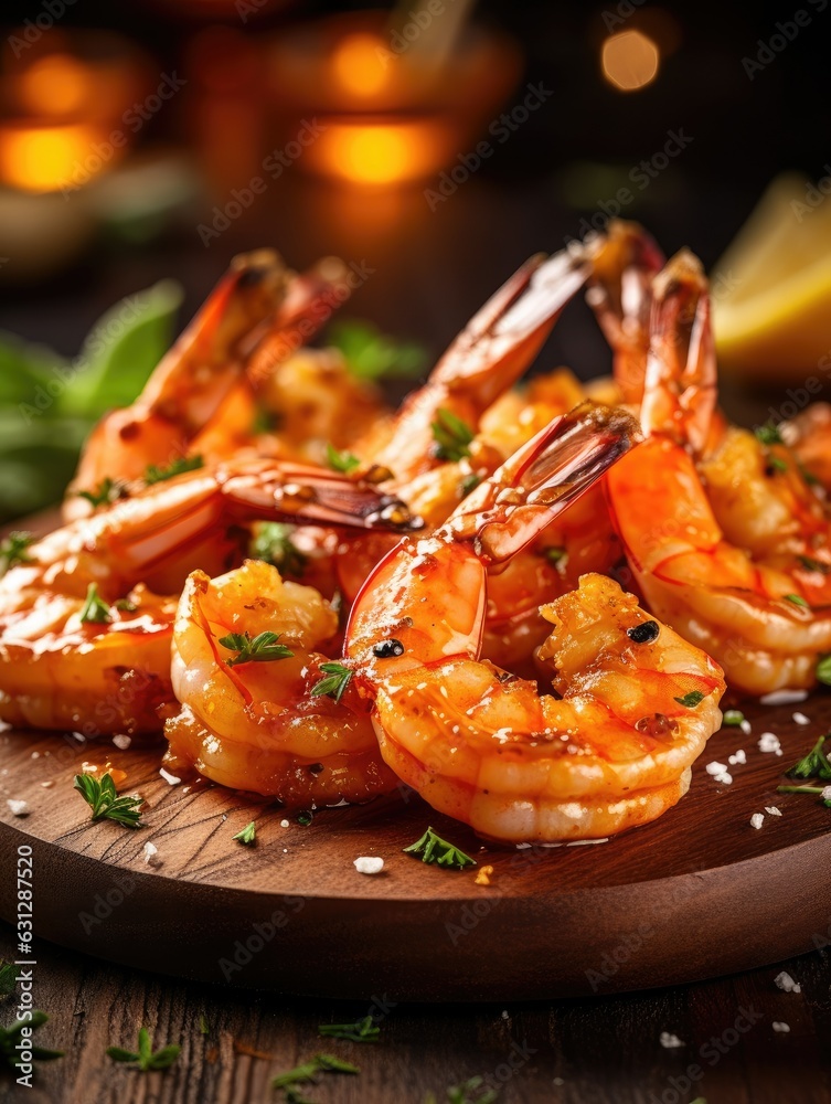 Grilled Shrimp Appetizer on crackers: Grilling photography, clean composition, dramatic lighting, bright