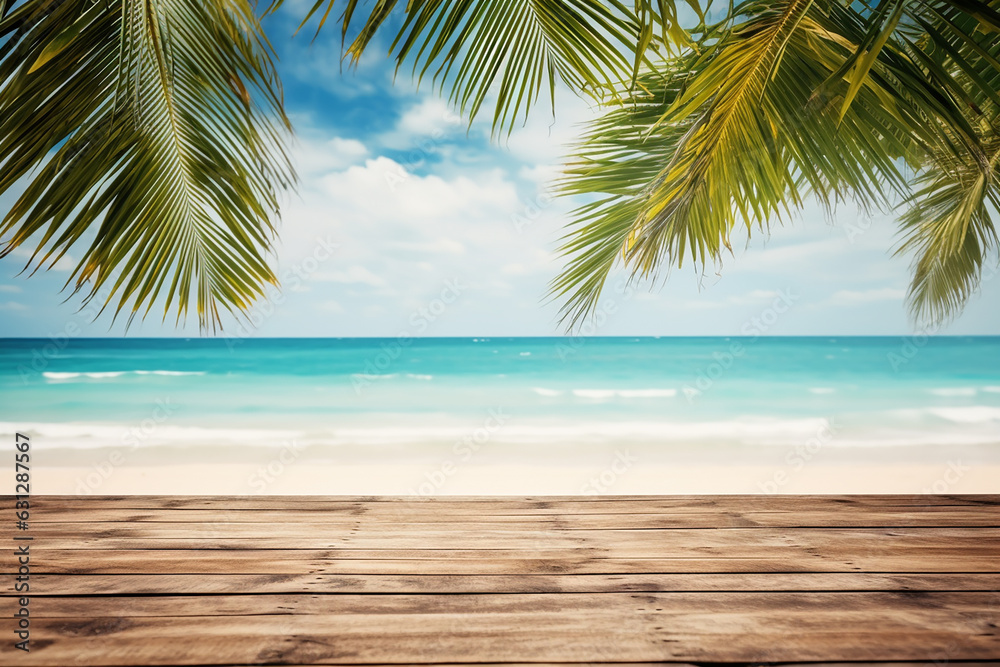 Idyllic Summer Tropical Seascape with Waves, Palm Leaves, and Blue Sky. Perfect Vacation Landscape with Empty Wooden Table. Created with Generative AI Tools