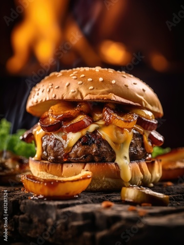 Grilled Smash Burger with cheese, caramellised onions and mushroms, Grilling photography, clean composition, dramatic lighting, bright