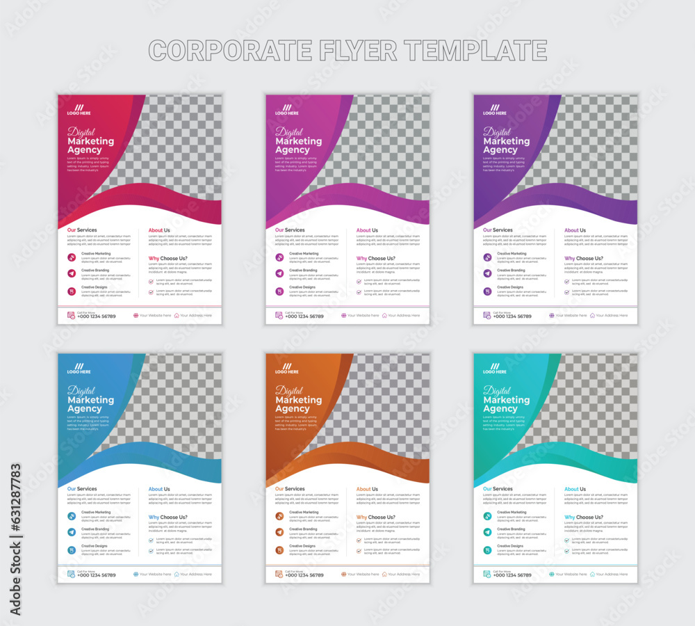 Corporate flyer design set. Creative and modern business flyer template with 6 colors.