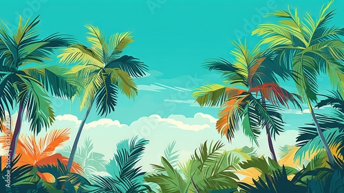  a painting of a tropical scene with palm trees and blue sky. generative ai