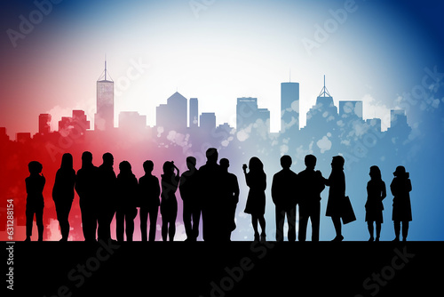 silhouette of a group of people with the background of a city with the color of white, red, blue