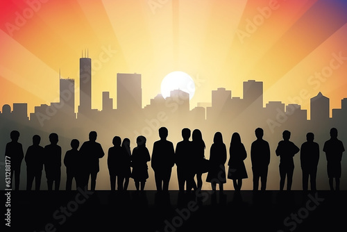 silhouette of a group of people with the background of a city at sunrise